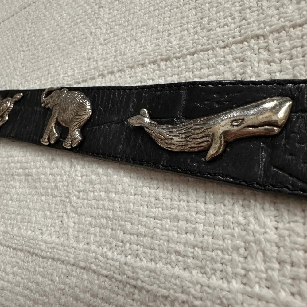 VTG 90s Honest Safari Animal Concho Leather Belt Black Croc Embossed Silver 32